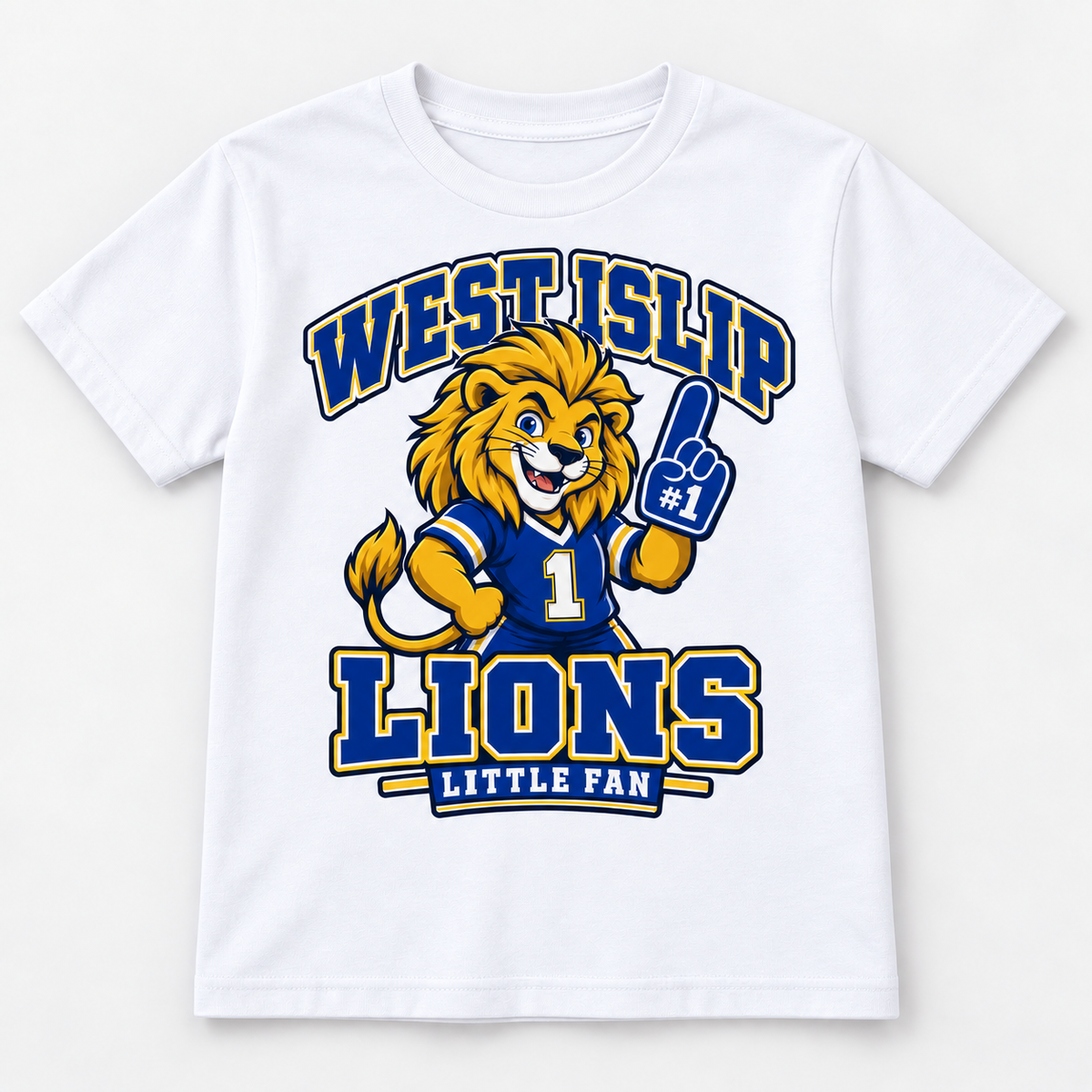 West Islip Lions Little Fan Big Mascot Youth Tee — White front view