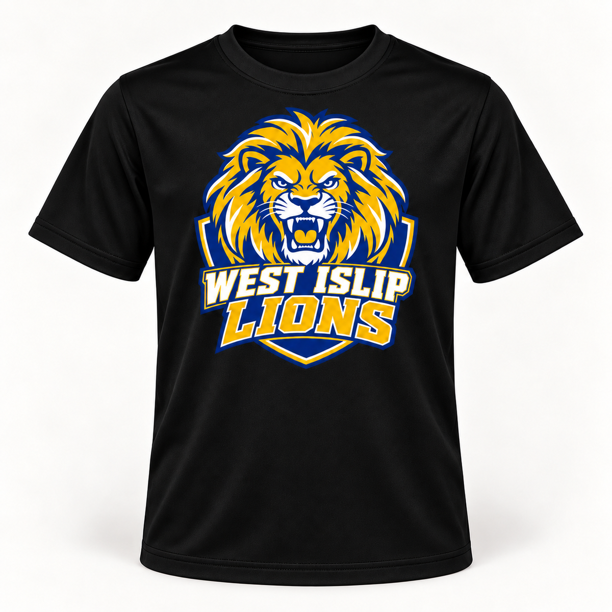 West Islip Lions Crest Youth Performance Tee — Black front view