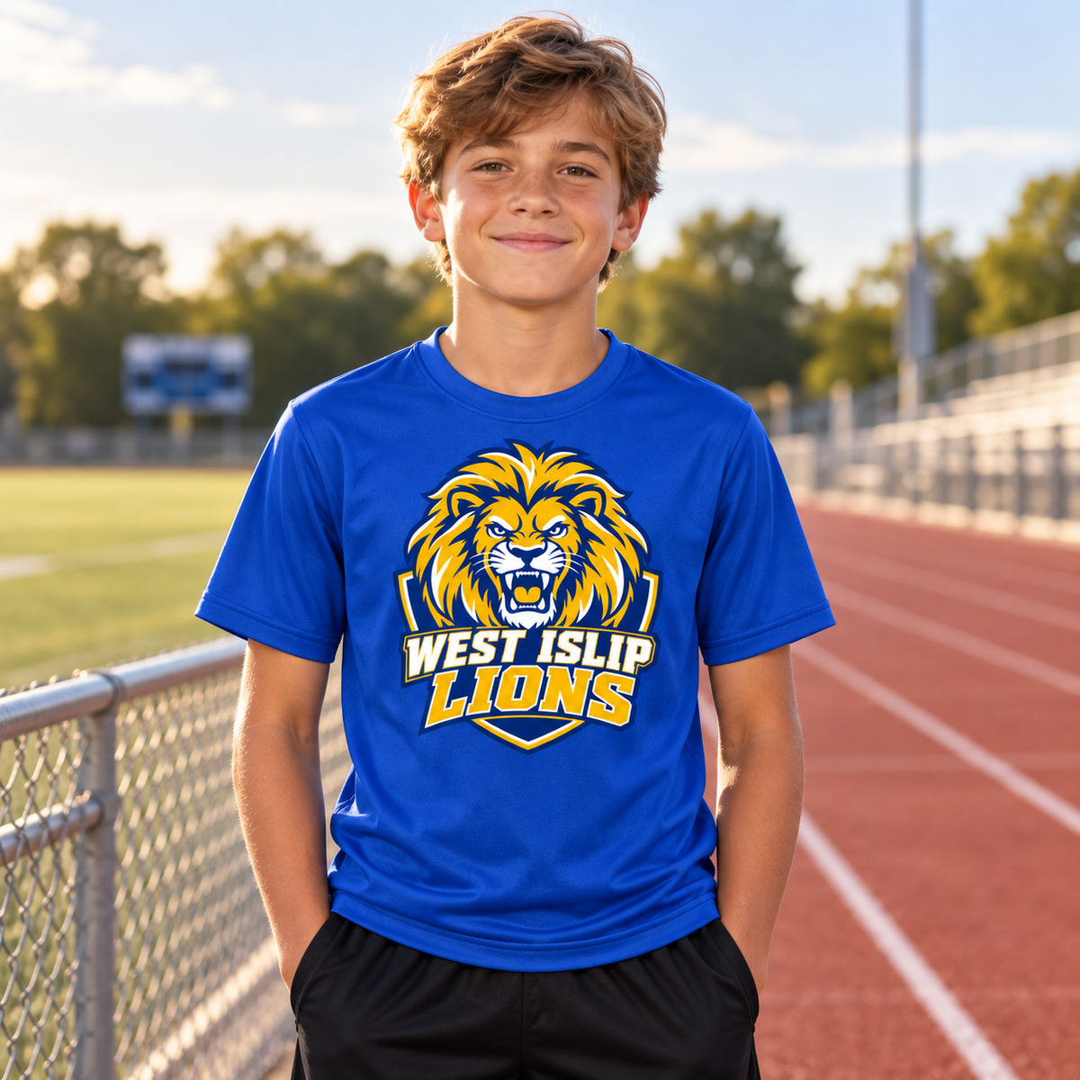 West Islip Lions Crest Youth Performance Tee — Sport Royal lifestyle view