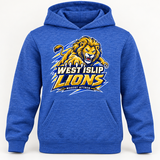 West Islip Lions Mascot Attack Premium Youth Hoodie — Royal Heather front view