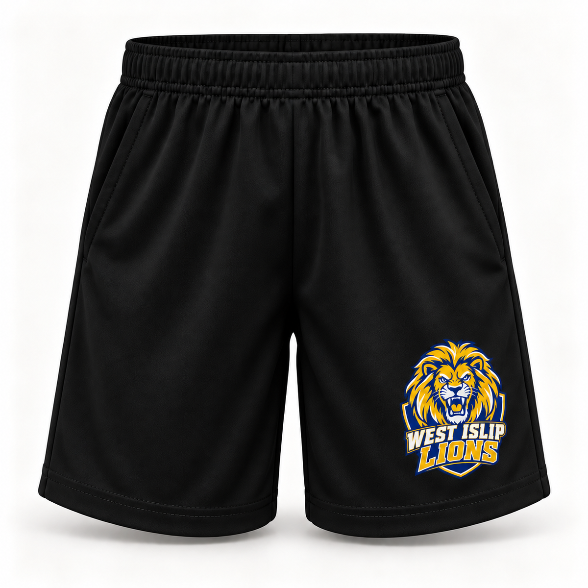 West Islip Lions Crest Youth 7-Inch Athletic Shorts with Pockets — Black front view