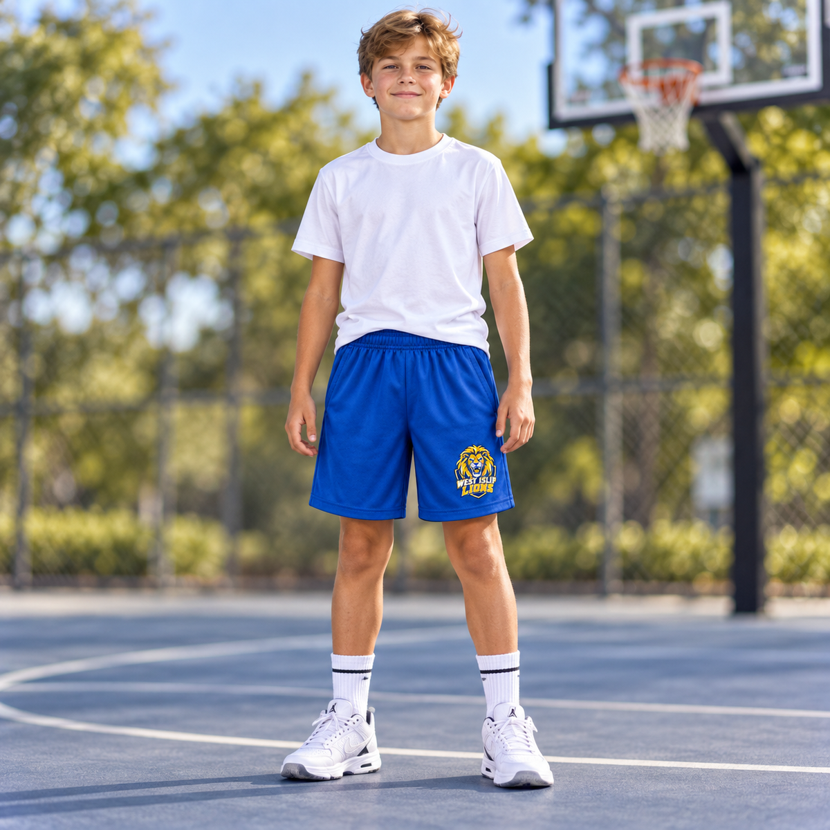 West Islip Lions Crest Youth 7-Inch Athletic Shorts with Pockets — Sport Royal lifestyle view