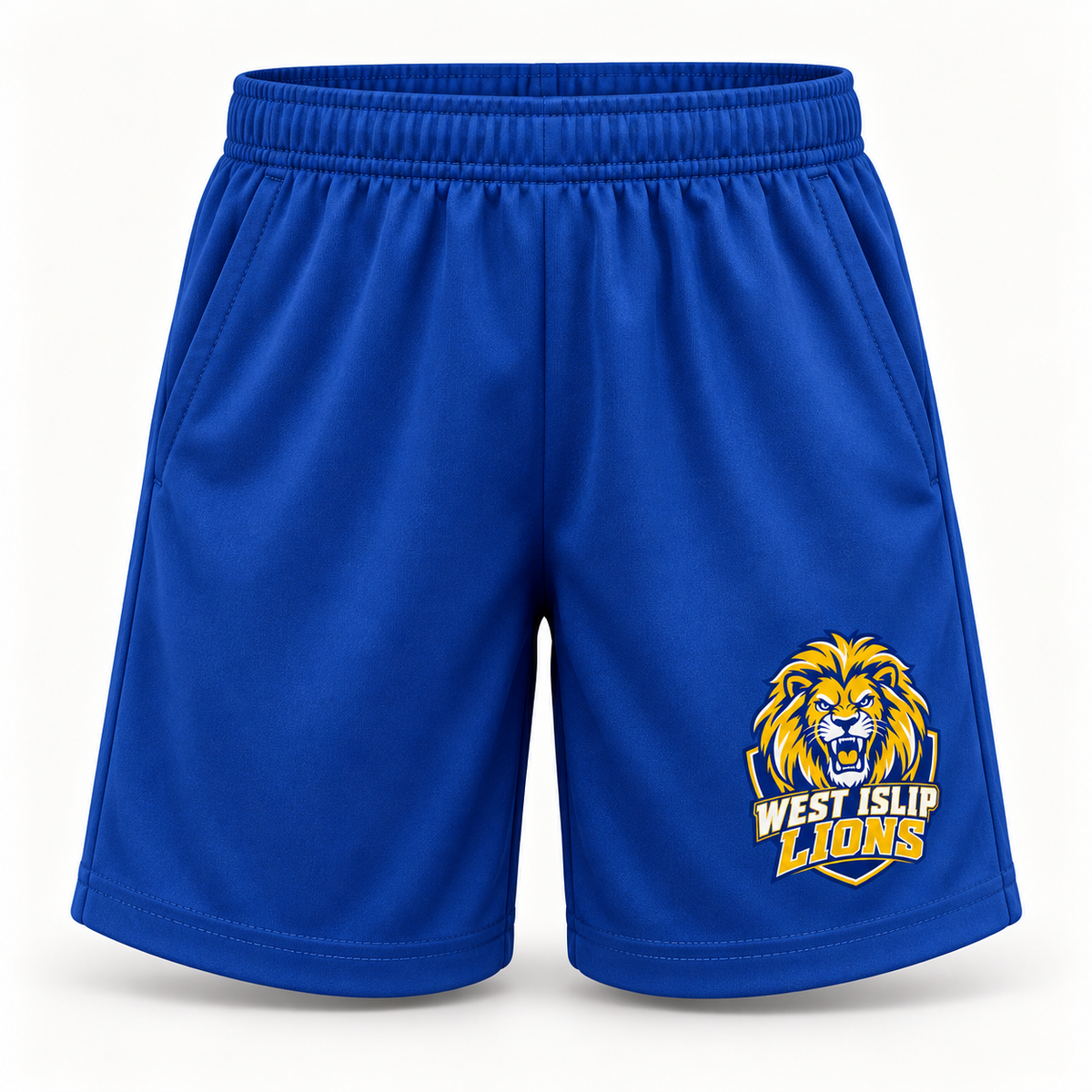 West Islip Lions Crest Youth 7-Inch Athletic Shorts with Pockets — Sport Royal front view