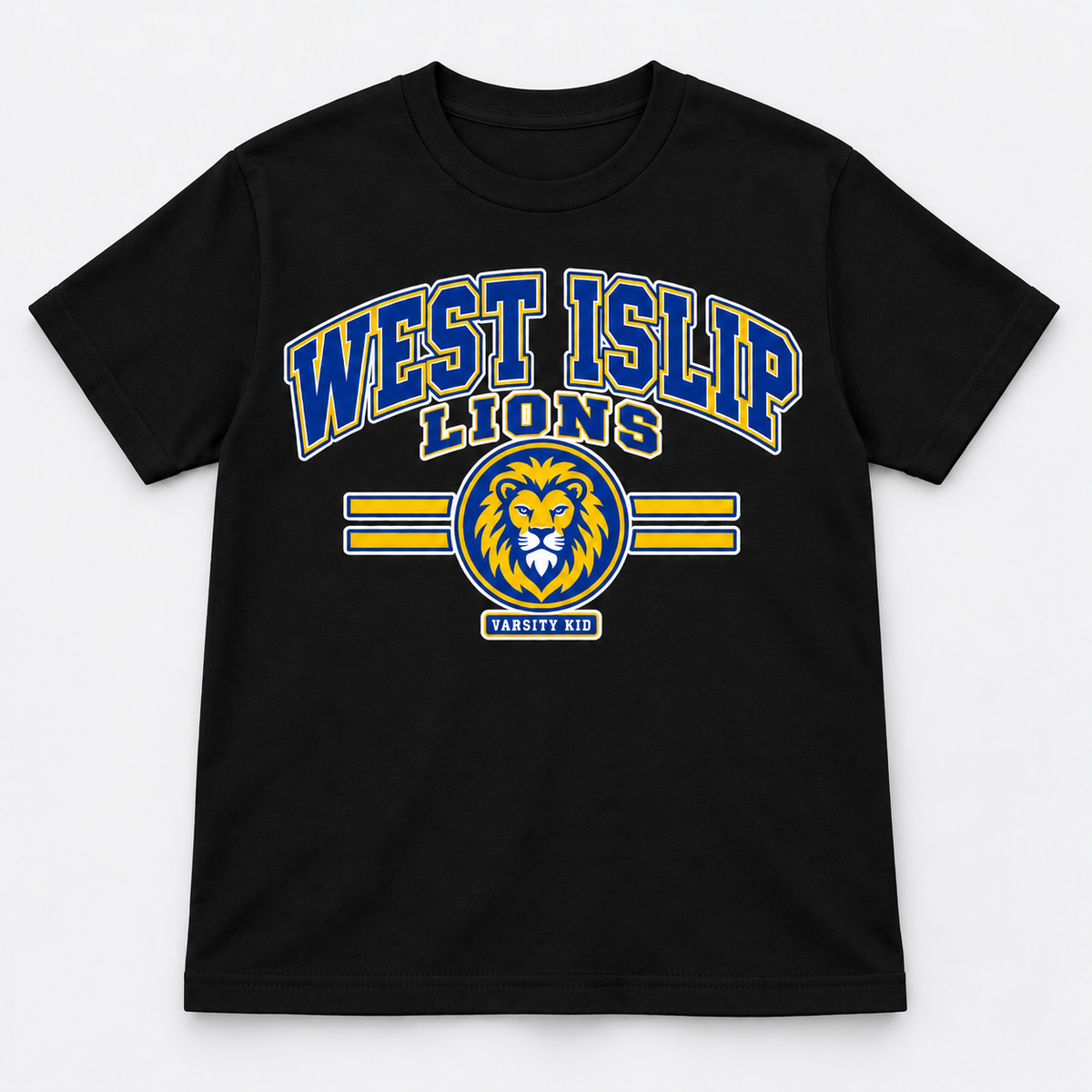 West Islip Lions Varsity Kid Youth Tee, black front view showing the varsity kid graphic