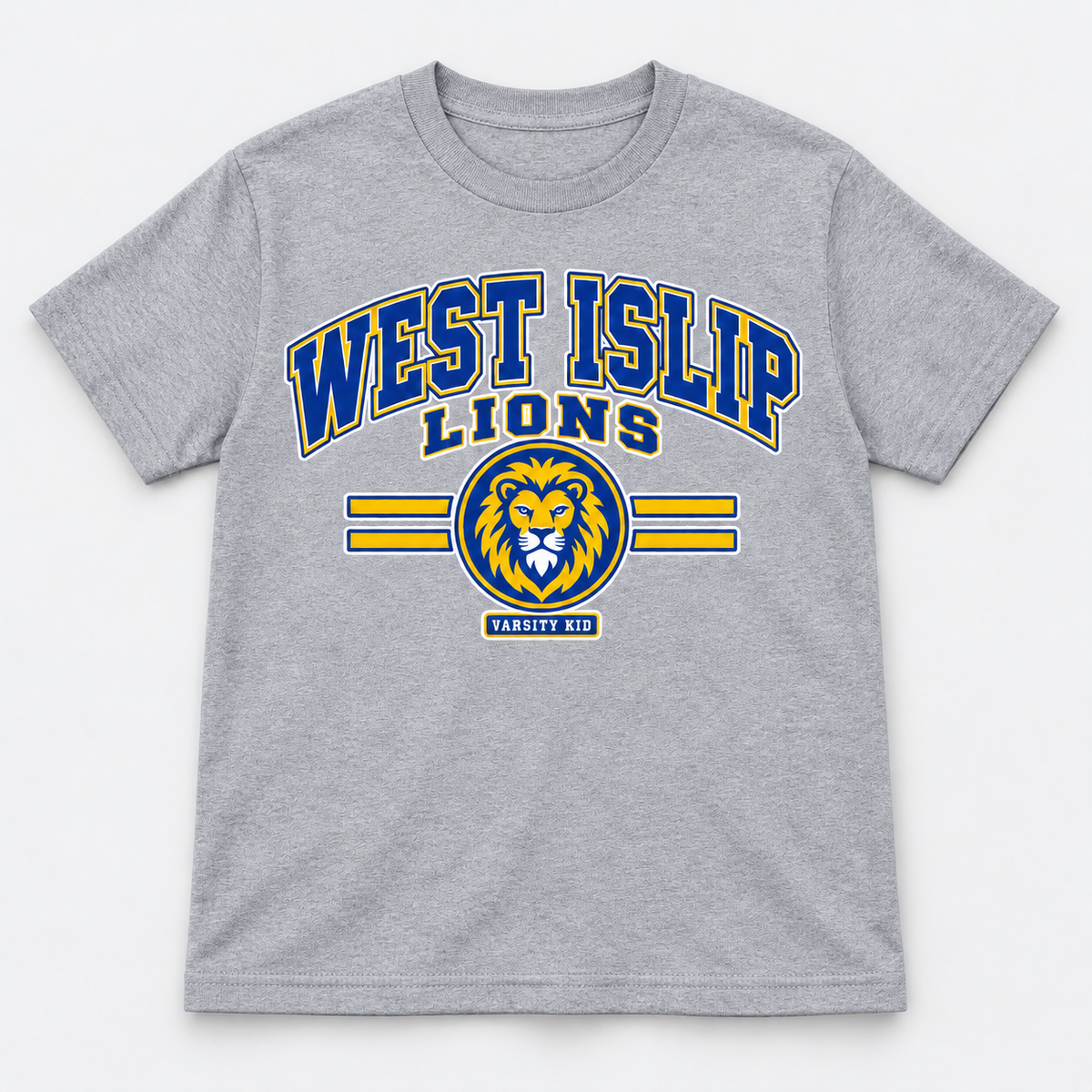 West Islip Lions Varsity Kid Youth Tee — Heather gray front view