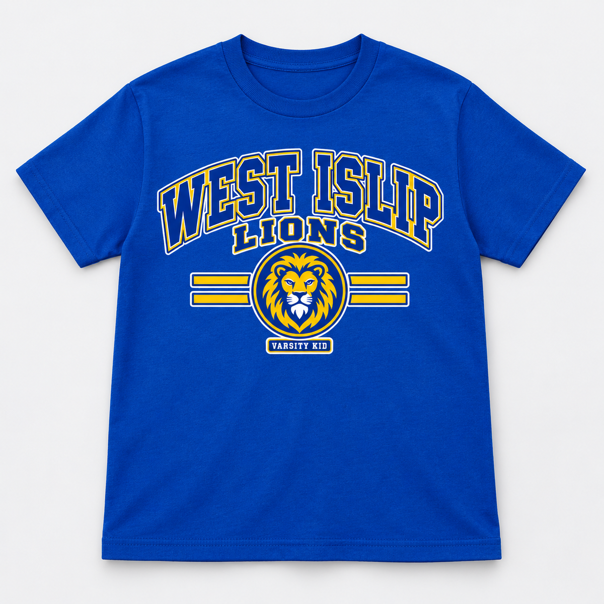 West Islip Lions Varsity Kid Youth Tee, royal front view showing the varsity kid graphic