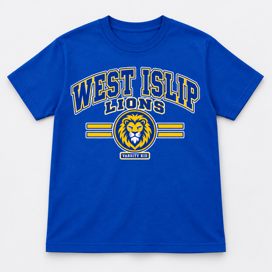 West Islip Lions Varsity Kid Youth Tee, royal front view showing the varsity kid graphic