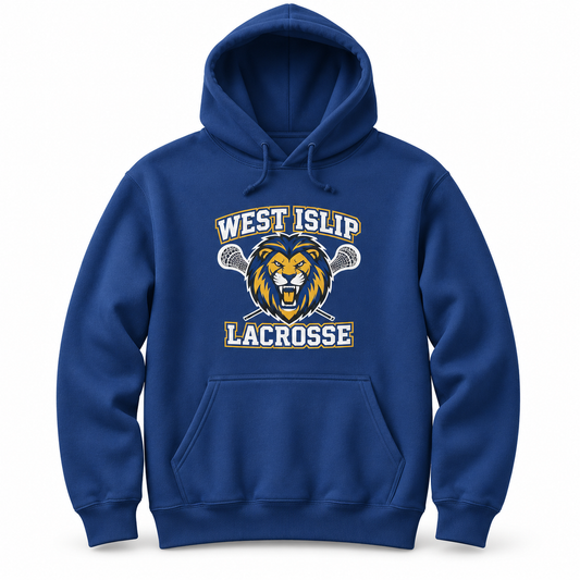 West Islip Lacrosse blue pullover hoodie, front view with lion and crossed lacrosse sticks