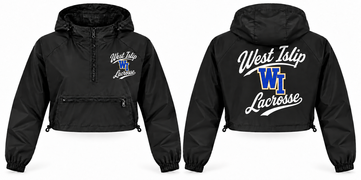 West Islip Lacrosse women's black crop windbreaker, left chest and full back script artwork
