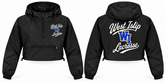 West Islip Lacrosse women's black crop windbreaker, left chest and full back script artwork