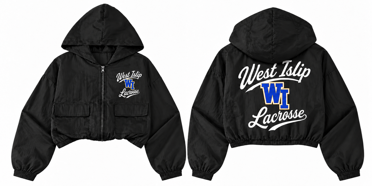 West Islip Lacrosse youth black cropped full-zip windbreaker front and back
