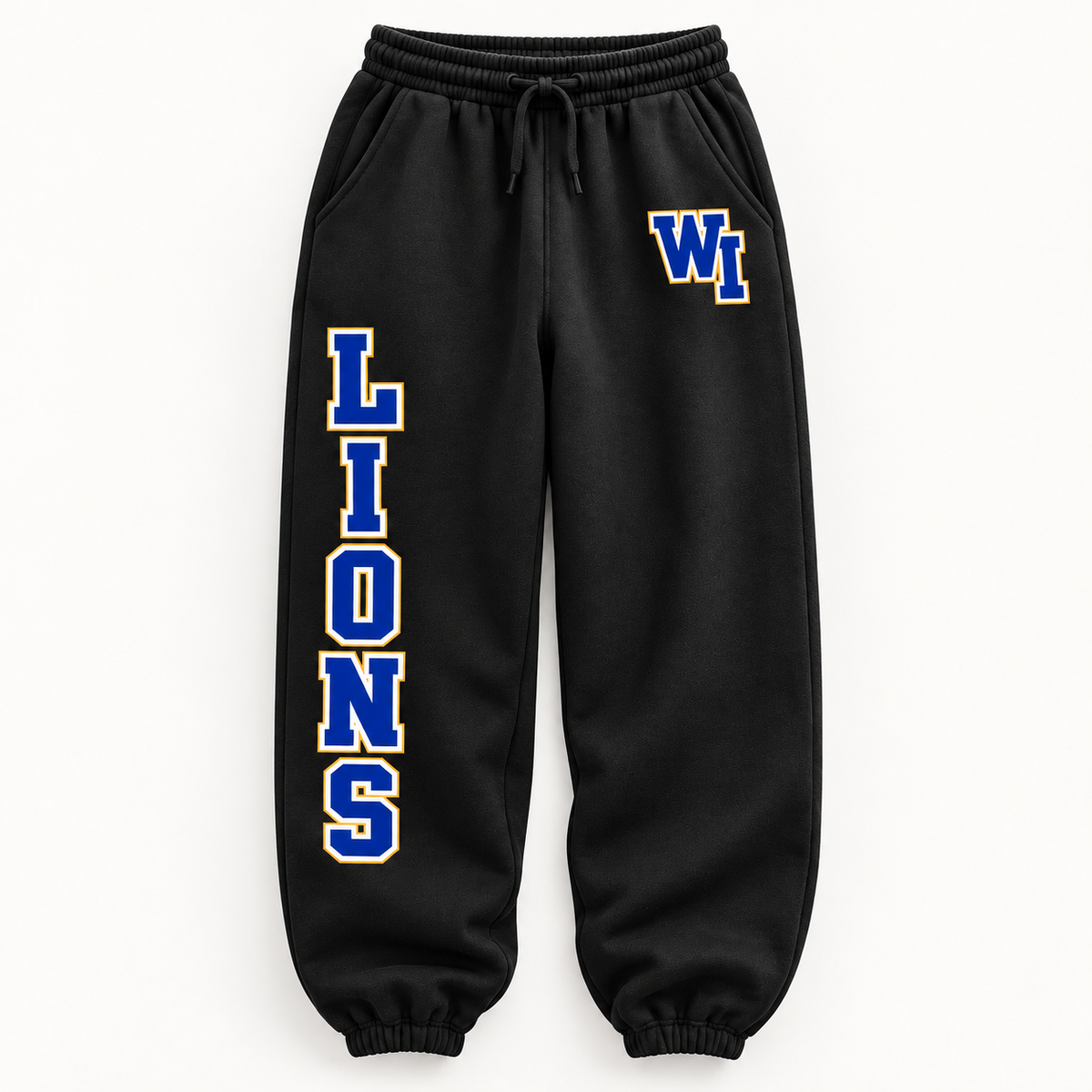 West Islip Lions black baggy cuffed sweatpants with WI left pocket and LIONS right leg