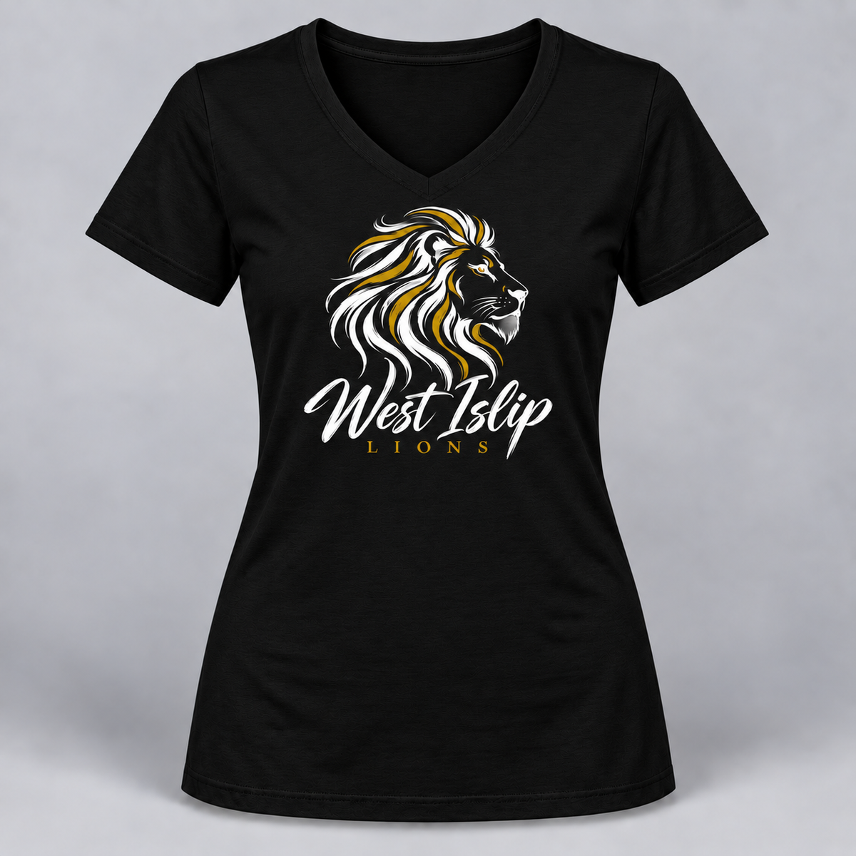 West Islip Lions Brushline Women's V-Neck Tee in Black