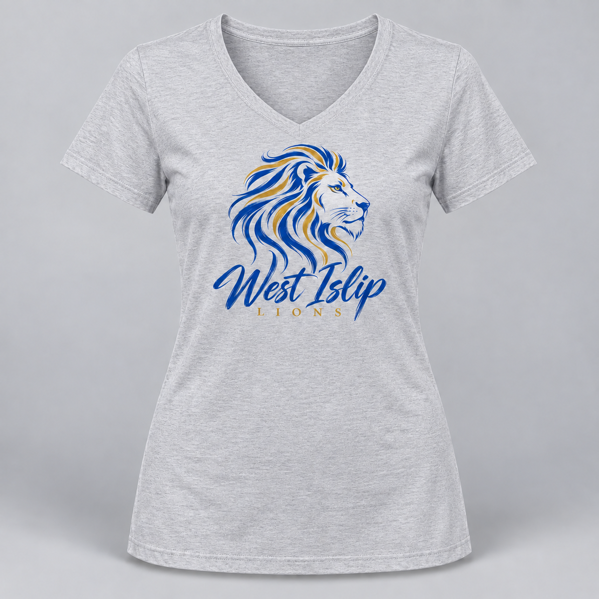 West Islip Lions Brushline Women's V-Neck Tee in Heather Gray