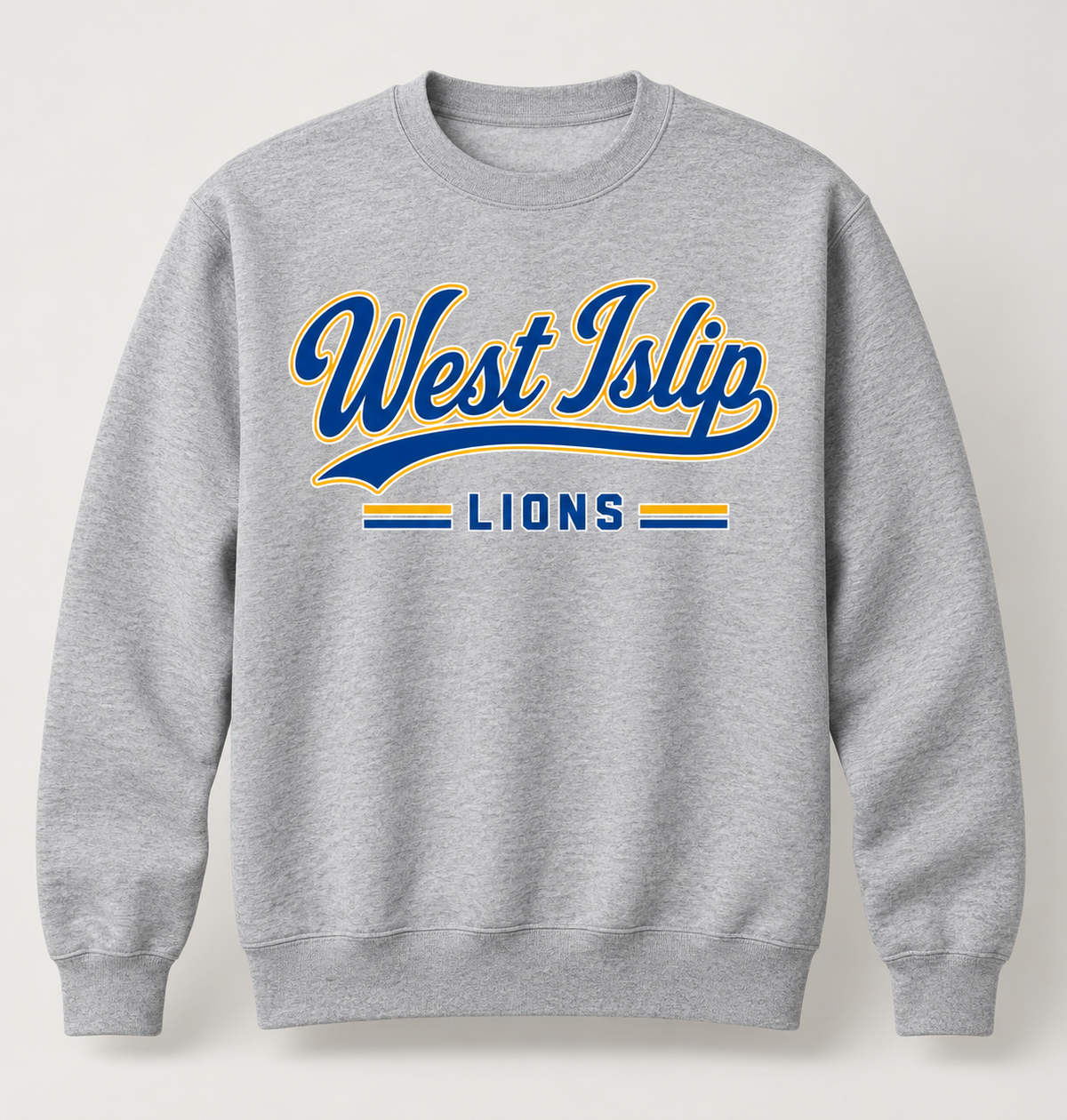West Islip Lions Heritage Script Crewneck Sweatshirt in Heather Gray — front view
