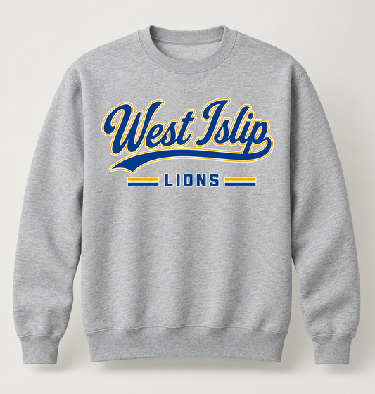 West Islip Lions Heritage Script Crewneck Sweatshirt in Heather Gray — front view