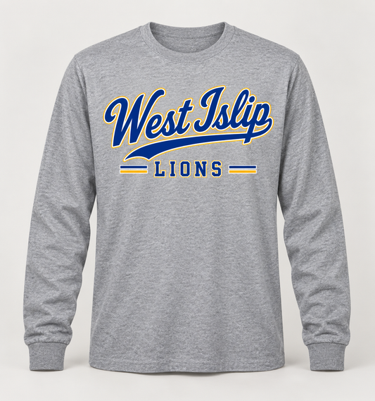 West Islip Lions Heritage Script Long Sleeve Tee in Heather Gray — front view