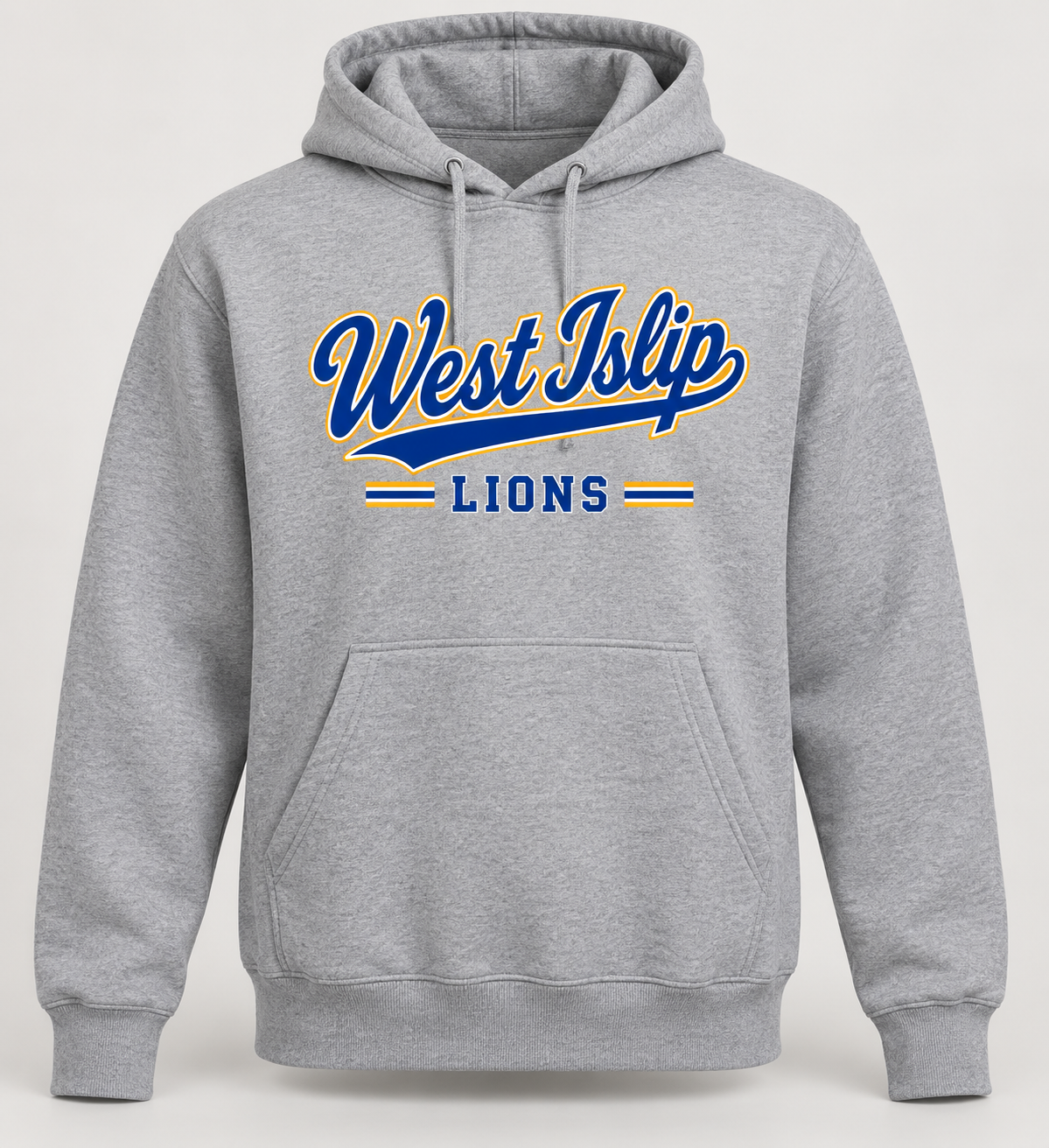 West Islip Lions Heritage Script Pullover Hoodie in Heather Gray — front view