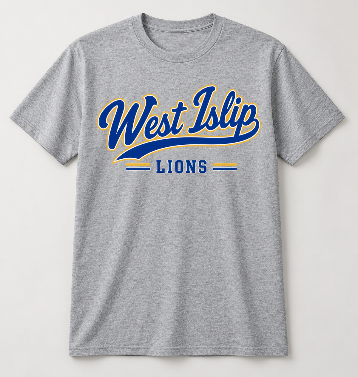West Islip Lions Heritage Script Tee in Heather Gray — front view