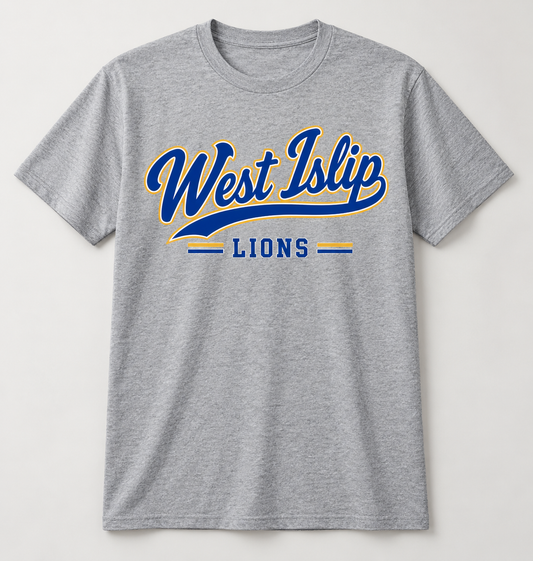 West Islip Lions Heritage Script Tee in Heather Gray — front view