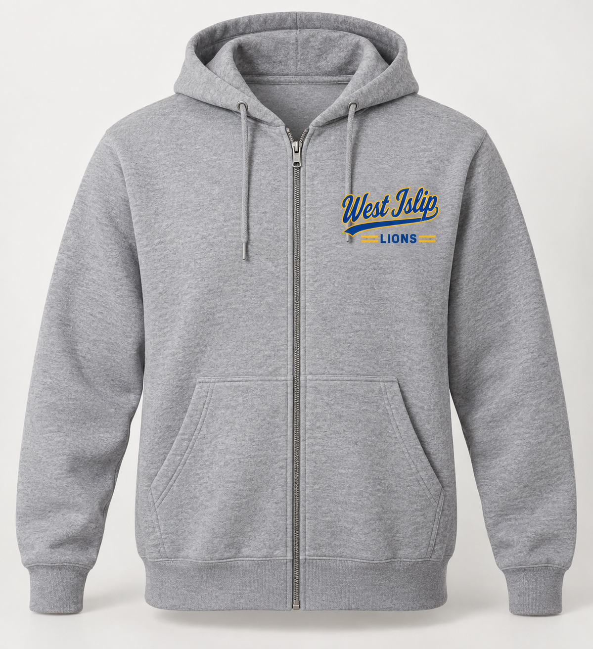 West Islip Lions Heritage Script Zip Hoodie in Heather Gray — front view