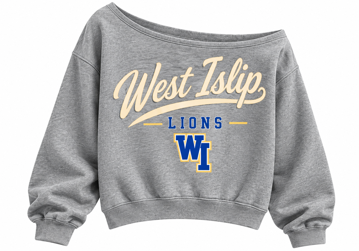 West Islip Lions off-shoulder crop crewneck in Heather Gray