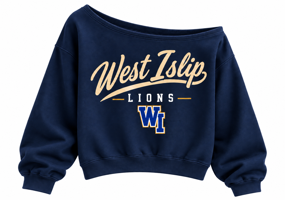 West Islip Lions off-shoulder crop crewneck in Navy; included top detail