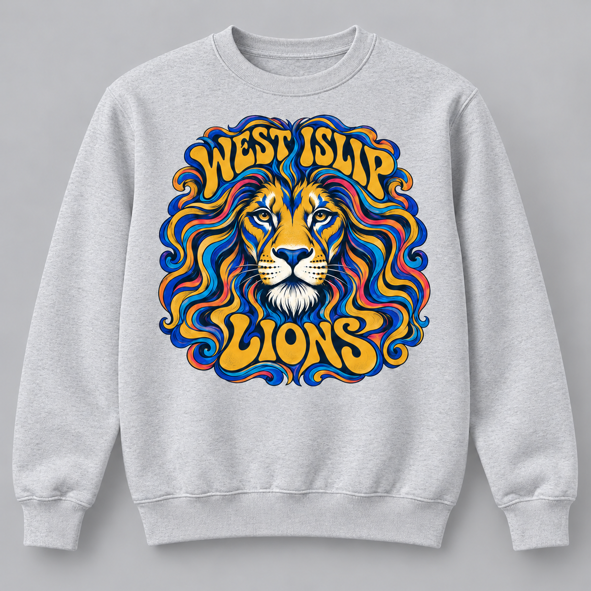 West Islip Lions Psychedelic Mane Crewneck Sweatshirt in Heather Gray