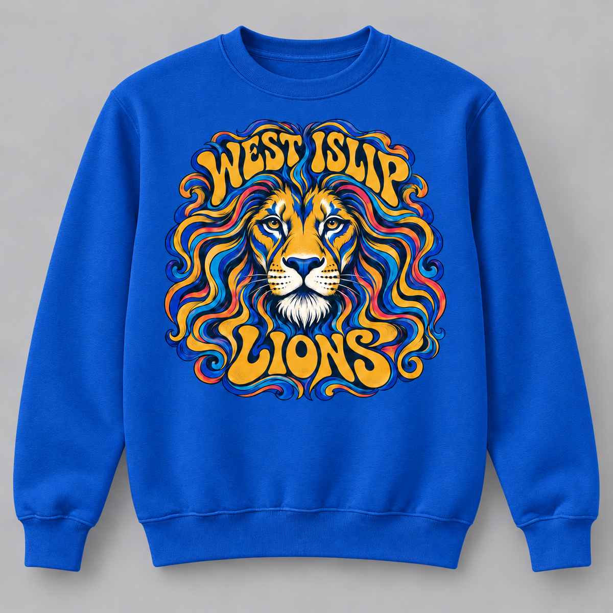 West Islip Lions Psychedelic Mane Crewneck Sweatshirt in Royal