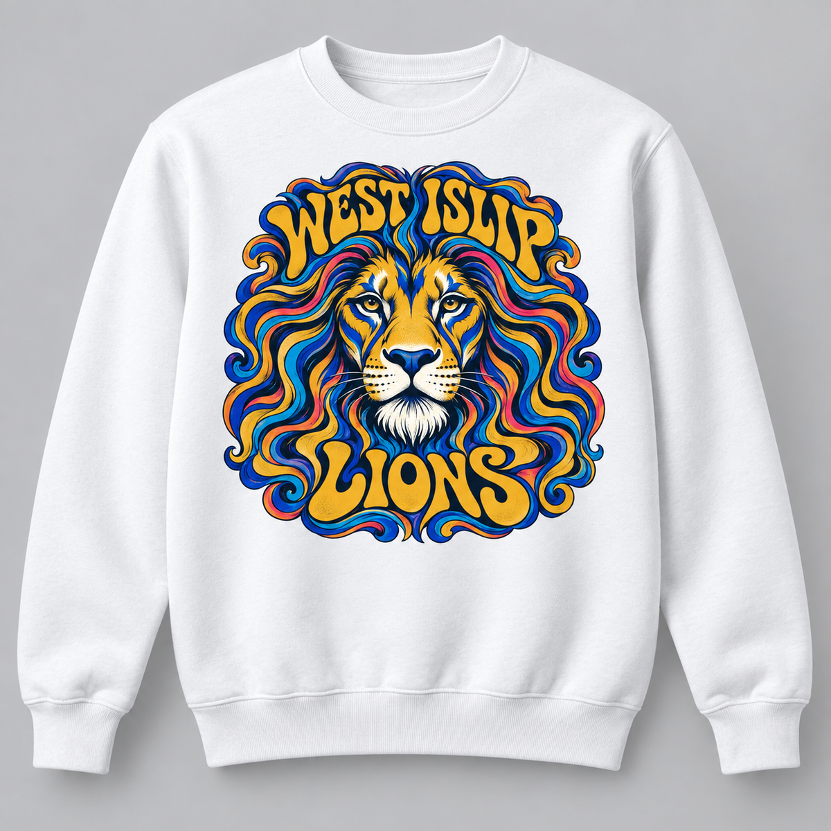 West Islip Lions Psychedelic Mane Crewneck Sweatshirt in White