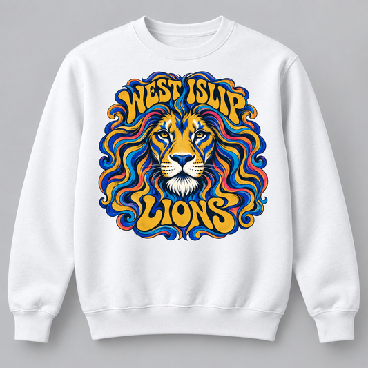 West Islip Lions Psychedelic Mane Crewneck Sweatshirt in White