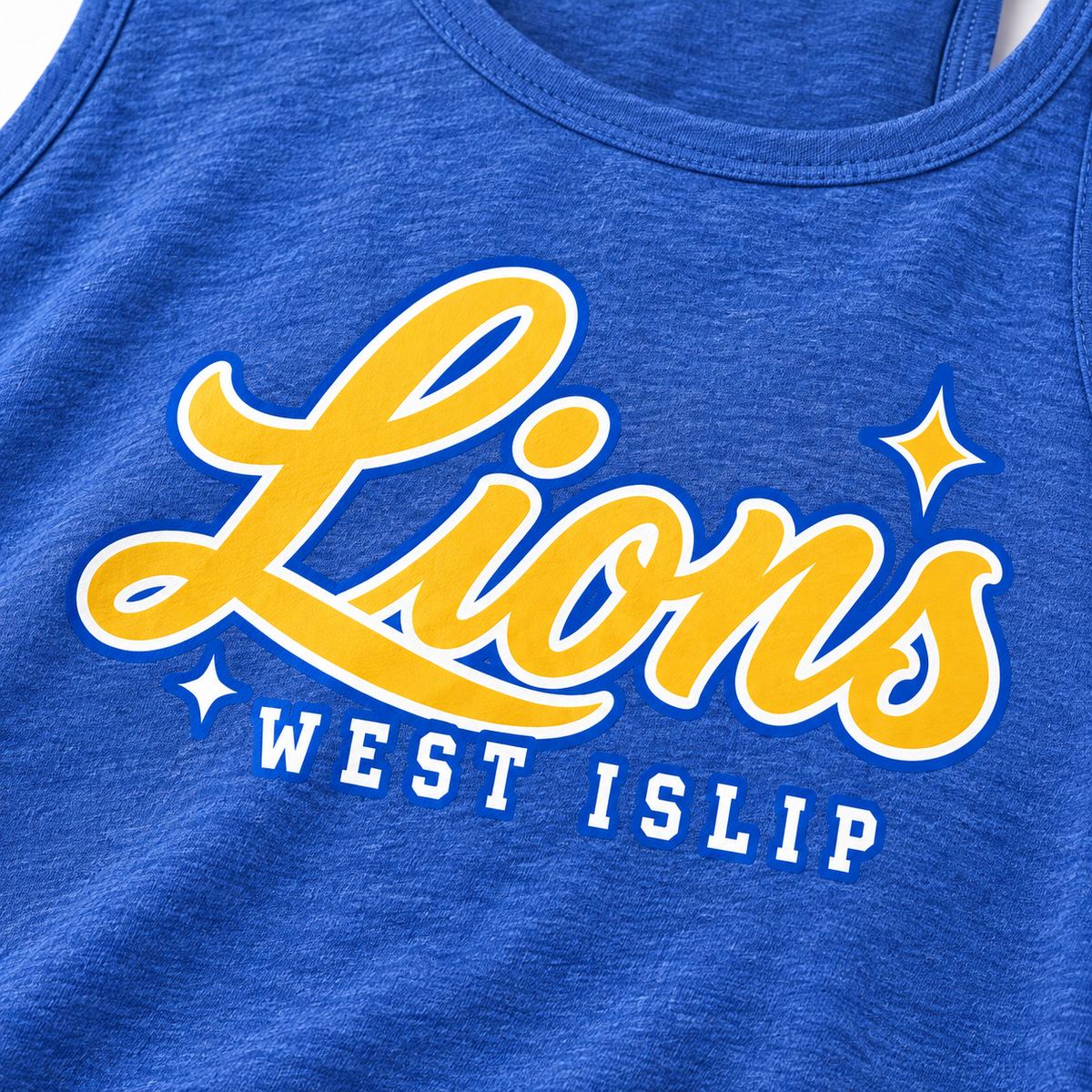 West Islip Lions gold script women's heather royal cropped tank — detail