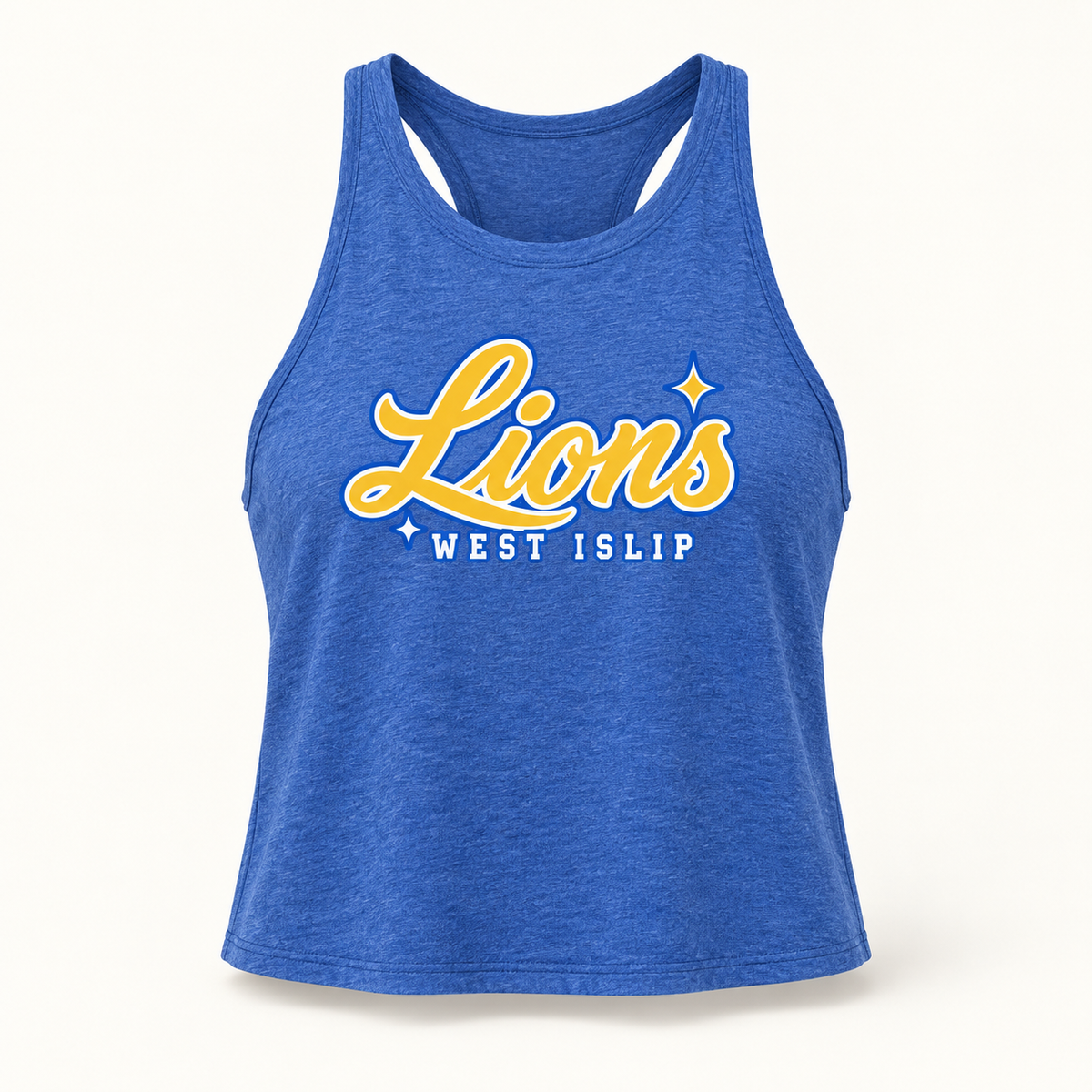 West Islip Lions gold script women's heather royal cropped tank — front