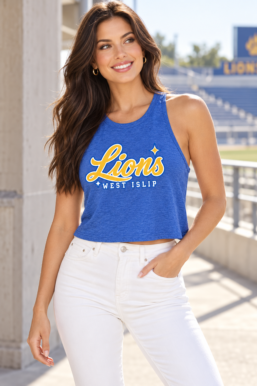 West Islip Lions gold script women's heather royal cropped tank — lifestyle