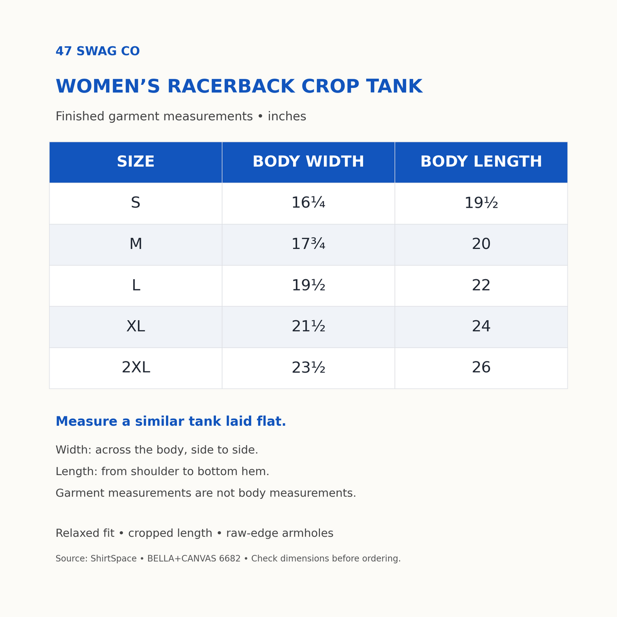 Women's cropped racerback tank size chart, S through 2XL, measurements in inches
