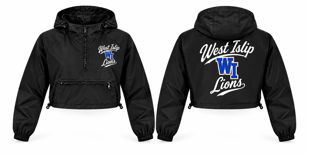 West Islip Lions black crop windbreaker front and back