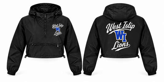 West Islip Lions black crop windbreaker front and back