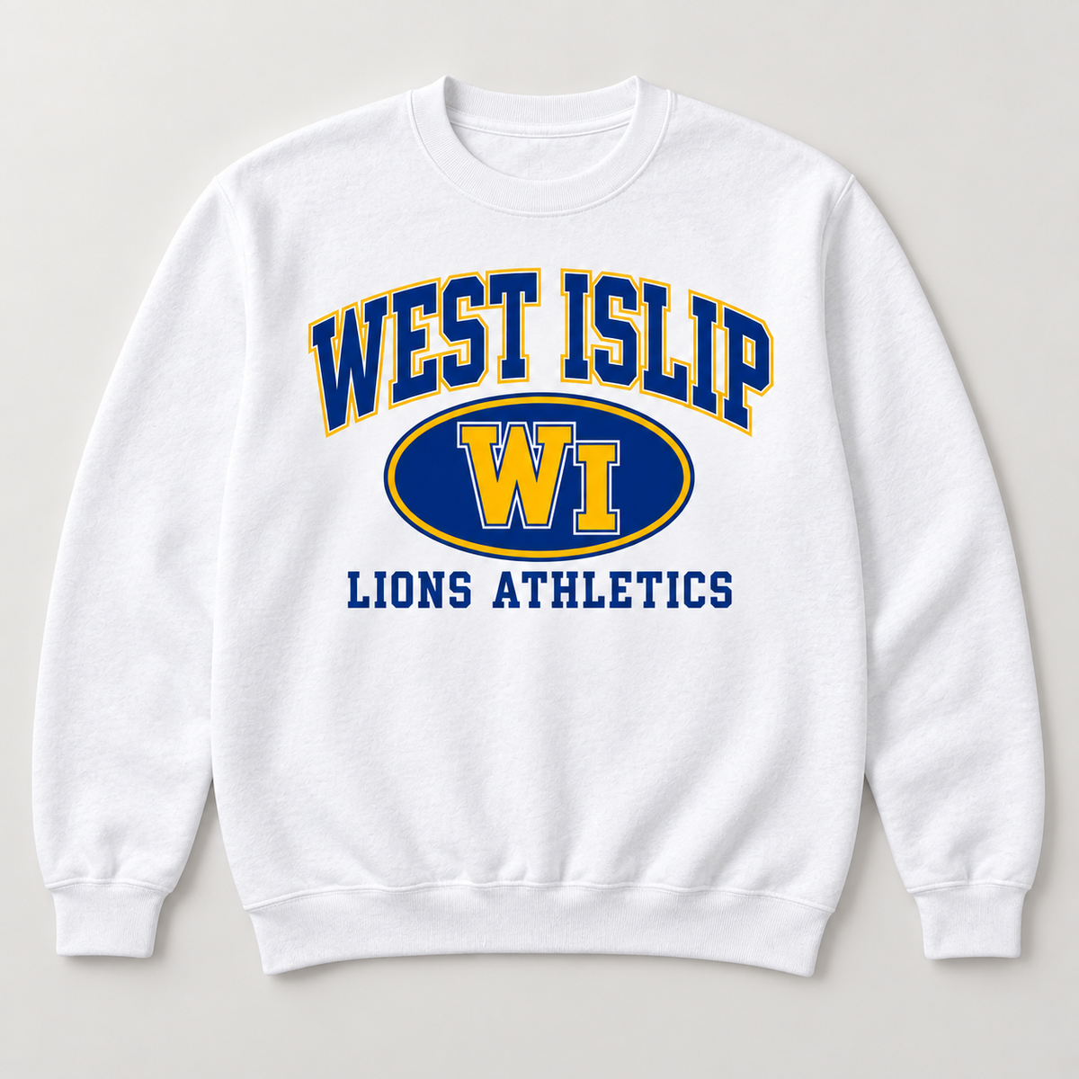 West Islip Lions Stadium Crest Crewneck Sweatshirt in White — front view