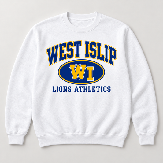 West Islip Lions Stadium Crest Crewneck Sweatshirt in White — front view
