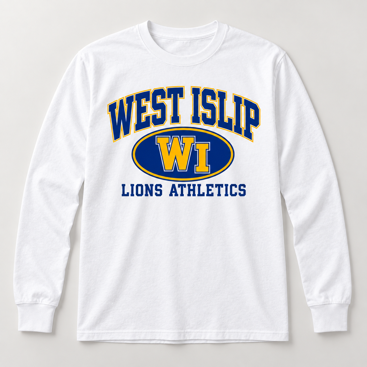 West Islip Lions Stadium Crest Long Sleeve Tee in White — front view