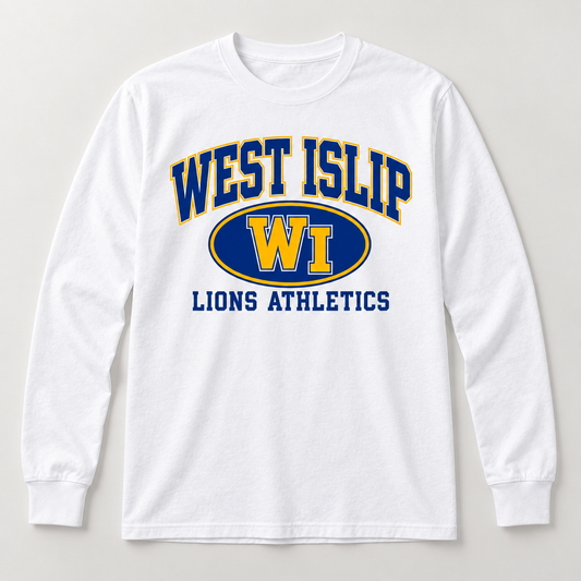 West Islip Lions Stadium Crest Long Sleeve Tee in White — front view