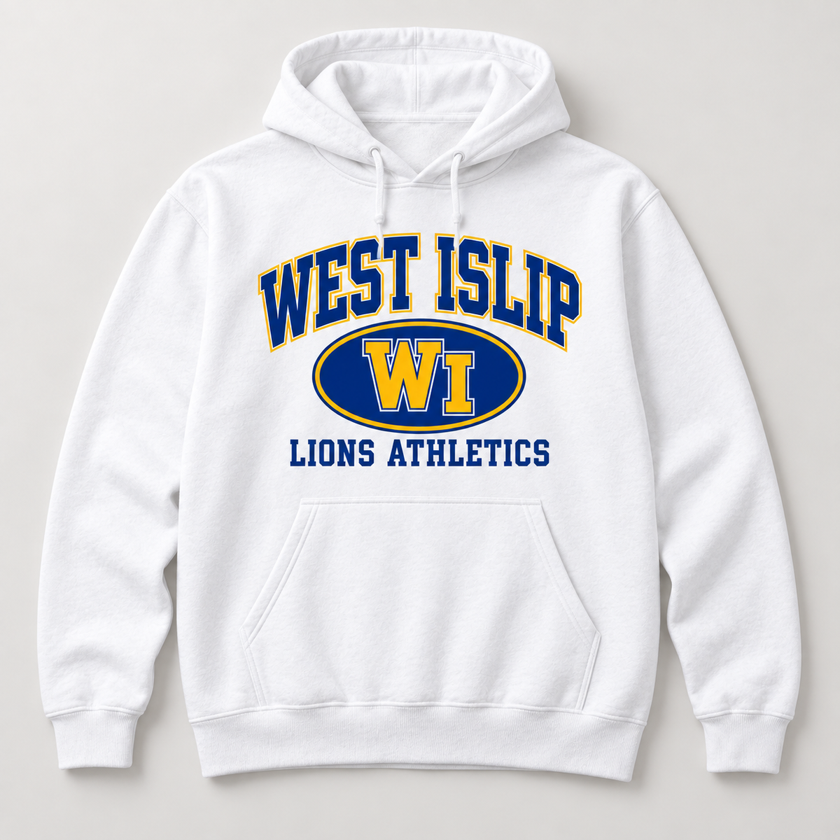 West Islip Lions Stadium Crest Pullover Hoodie in White — front view