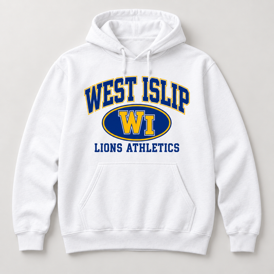 West Islip Lions Stadium Crest Pullover Hoodie in White — front view