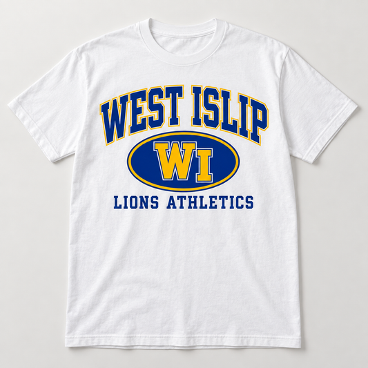 West Islip Lions Stadium Crest Tee in White — front view