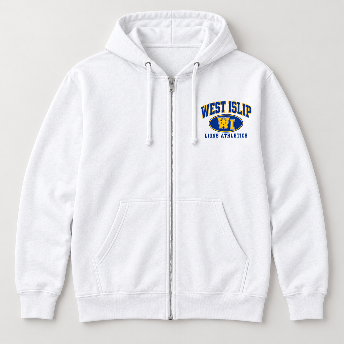 West Islip Lions Stadium Crest Zip Hoodie in White — front view