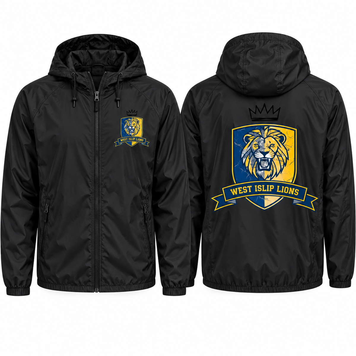West Islip Lions Varsity Windbreaker — Black front and back