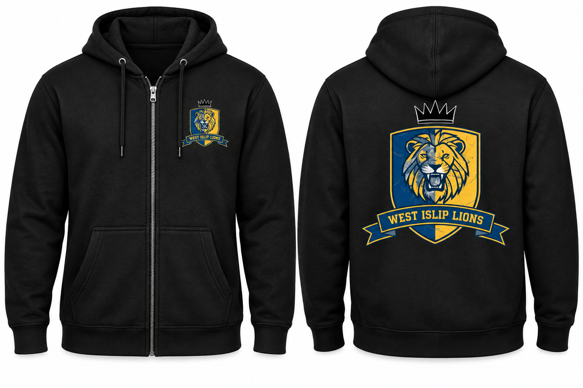 West Islip Lions Varsity Zip-Up Hoodie — Black front and back