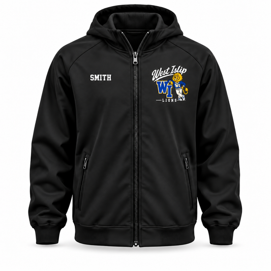 West Islip Lions Prep Mascot black hooded Holloway jacket, small left-chest print and optional name