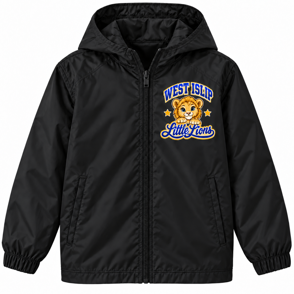 West Islip Little Lions boys youth windbreaker in Black, front view