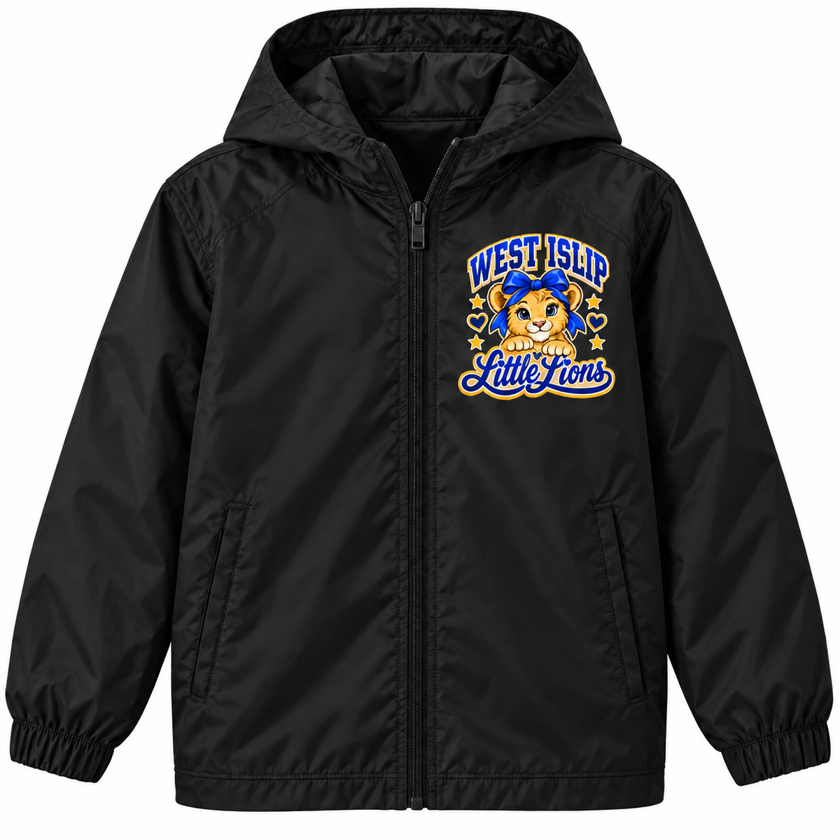 West Islip Little Lions girls youth windbreaker in Black, front view